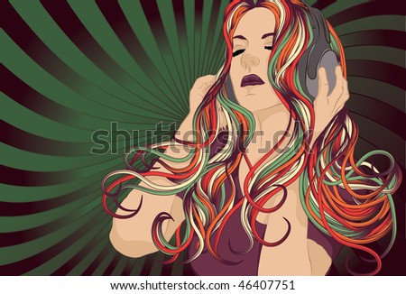 Woman DJ with colorful hair listening to music with headphones.