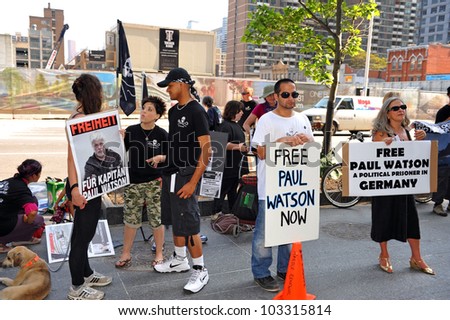 TORONTO, CANADA  MAY 23:  Protesters gather at Yonge and Bloor to protest the Germany arrest and potential extradition of Sea Shepherd founder Paul Watson May 23, 2012 in Toronto, Canada.