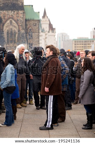 OTTAWA - APR 20: Robb Wells (Ricky) is filmed on Parliament Hill as part of scene in the third Trailer Park Boys movie \