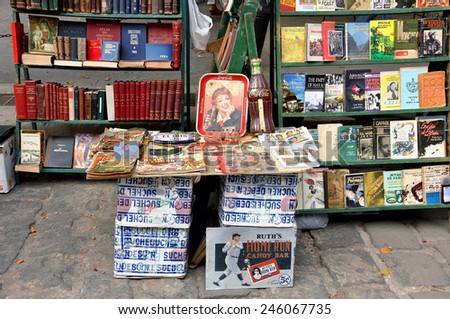 HAVANA, CUBA - FEB 2, 2010: Books, comics and rarities on sale in a outdoor market place in Old Havana.  Cuba depends very heavily on the tourism industry and Old Havana is a major tourist attraction.