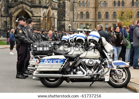 OTTAWA, CANADA - SEPT 26:  Motorcycle Policemen in attendance at the National Police and Peace Officer\'s Memorial on Parliament Hill.  September 26, 2010 Ottawa, Ontario.