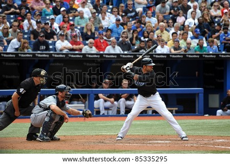 TORONTO, CANADA - AUG 28:  Reigning AL home run king Jose Bautista at bat against the Tampa Bay Rays August 28, 2011 in Toronto, Ontario, Canada.