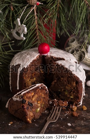 Christmas Fruit Cake. Old English Dark Fruit Cake. Classic English cake baked in oven.