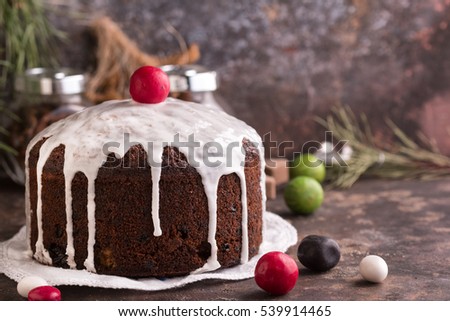 Christmas Fruit Cake. Old English Dark Fruit Cake. Classic English cake baked in oven.