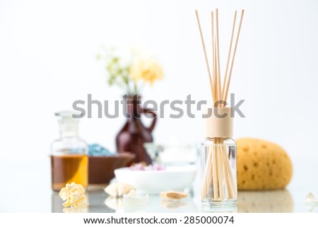 Spa concept with Aromatherapy, Air Freshener, essential oil and Bath Sponge