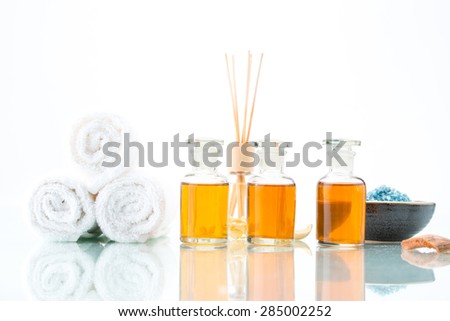 Spa concept with aromatherapy, essential oil, Towel and salt