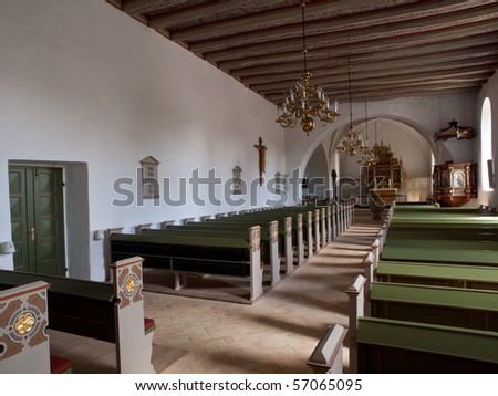 View over the inside of danish church seen from the back of the church