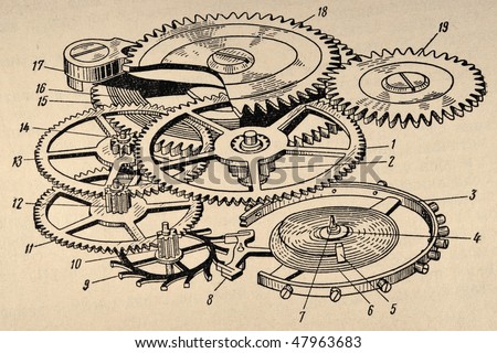 Clockwork diagram on rough paper from ancient book.