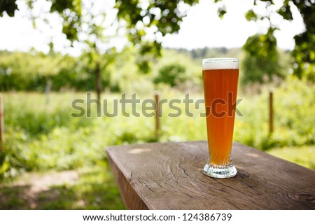 Full Glass of freshly tapped wheat beer serverd in an rustic beer garden in Germany