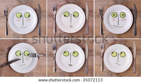 Collection of Vegetable Faces on Plate with knife and fork, set on wooden board - various emotions, male and female