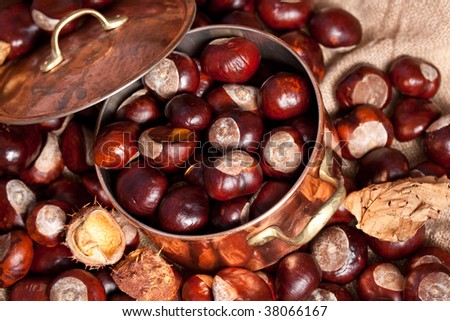 Chestnuts and copper kettle, autumn concept image, with husk parts and leaves