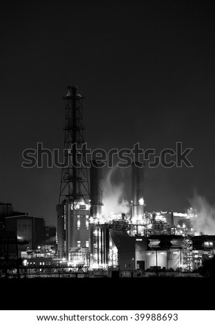 Chemical Factory At Night, with smoke and steam