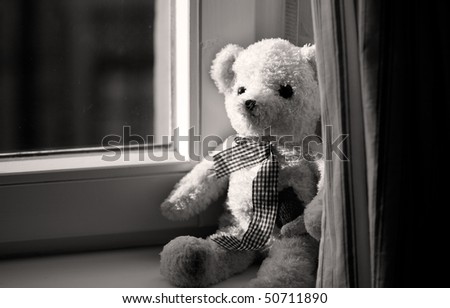 Toy bear sitting on window lit by warm sunlight
