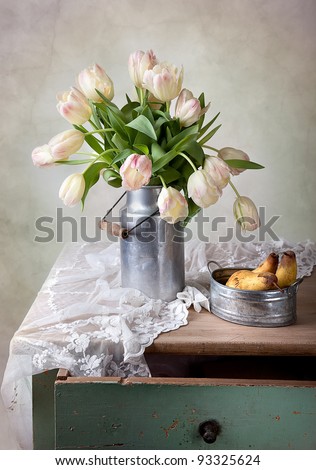 Still Life with Tulips in old milk can and Pears