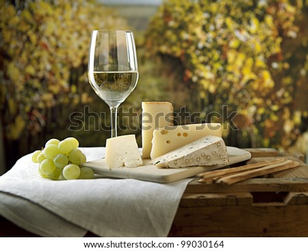 Three kinds of french cheese and a glass of white wine
