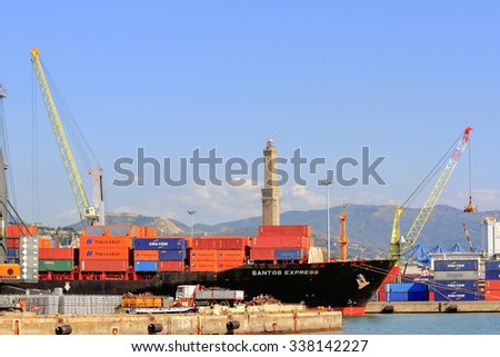 Genoa, Italy, 26 September 2015: the container ship, SANTOS EXPRESS of flag HONG KONG (CHINA) in the port of Genoa