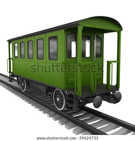 Green rail way car isolated on white