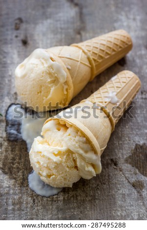 lemon ice cream with cone on wooden background