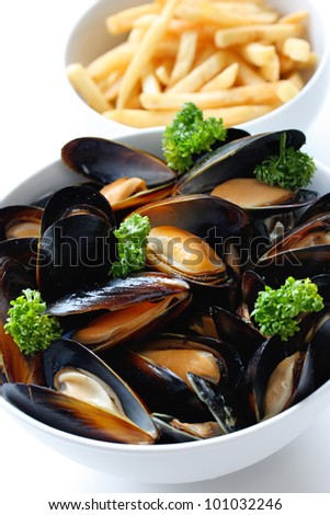 steamed mussels with white wine, and french fries
