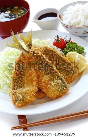 japanese lunch set meal, aji fry teishoku(deep fried horse mackerel, rice and miso soup)