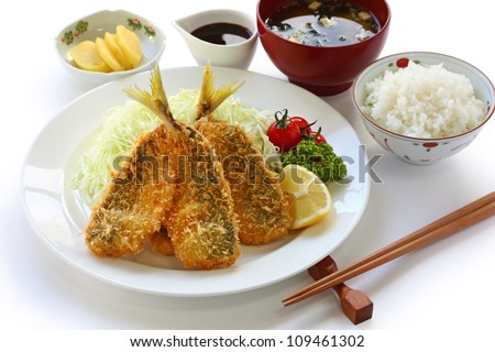 japanese lunch set meal, aji fry teishoku(deep fried horse mackerel, rice and miso soup)