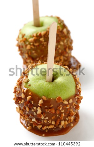 caramel apple, taffy apple, candy apple, toffee apple, with almonds