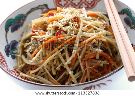 kinpira gobo, sauteed greater burdock root and carrot, japanese cuisine