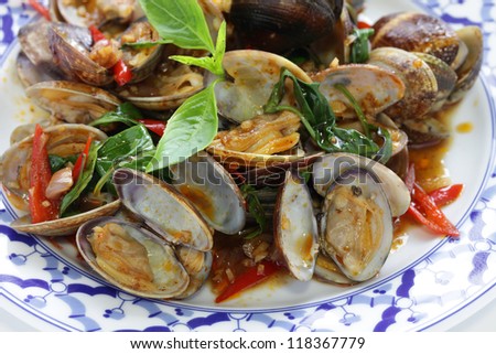 stir fried clams with roasted chili paste and thai sweet basil, thai cuisine