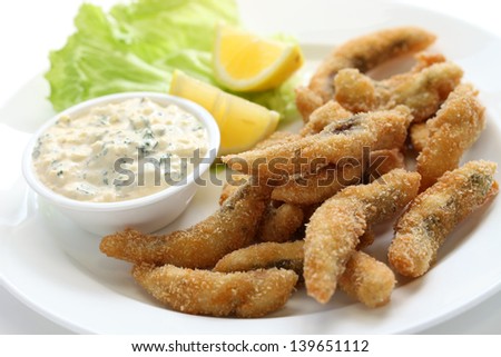 homemade fried fish fingers with tartar sauce