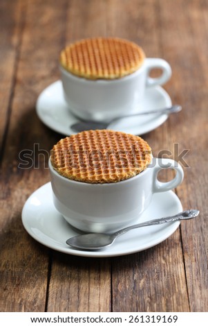 dutch stroopwafel, caramel waffle and coffee