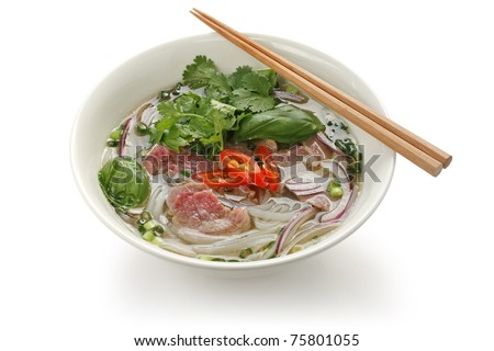 Pho bo , Vietnamese  food , rice noodle soup with sliced rare beef