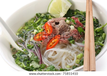 Pho bo , Vietnamese  food , rice noodle soup with sliced rare beef