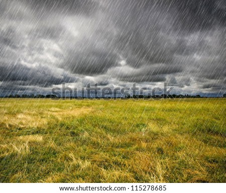 Heavy Rain Over A Prairie In Brittany, France