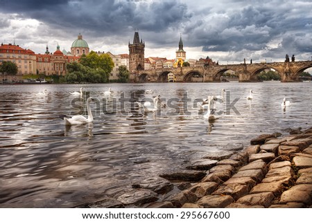 The historic center of Prague, ancient architecture, and cultural heritage/The center of Prague, river and white swans
