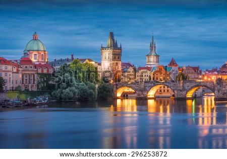 The historic center of Prague, ancient architecture, and cultural heritage/Prague at night Charles Bridge to the river and the old town center