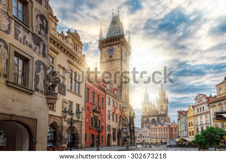 The historic center of Prague, ancient architecture, and cultural heritage/Sunrise on Old Town Square Prague