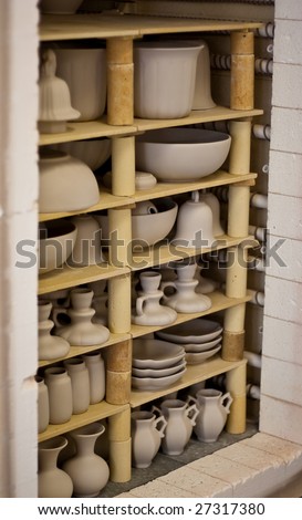Unfinished pottery products. Baking process in a Delftware production house.