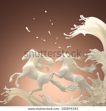 milky horses running over white splashes through drops on brownish background