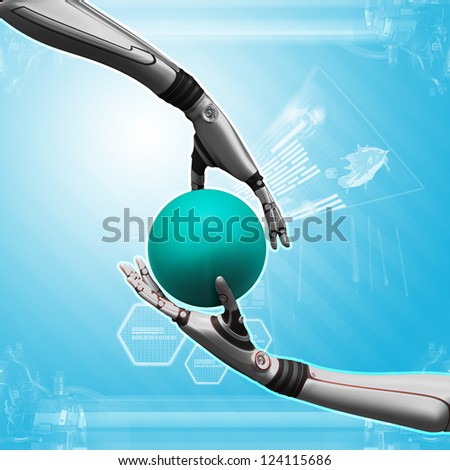 two robot hands on abstract futuristic background holding blue globe