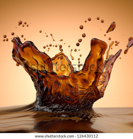 abstract liquid splash of brown hot coffee on orange background