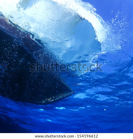 Underwater design pattern. Dive boat floating on water surface shouted from underwater
