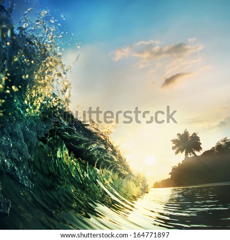 Tropical sunset background. Beautiful colorful ocean wave crashing closing near sand beach with palm tree