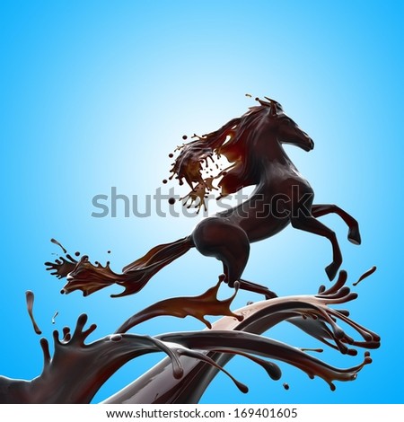 Food design element isolated on white background. Liquid horse made of brown glossy coffee running making splashes.