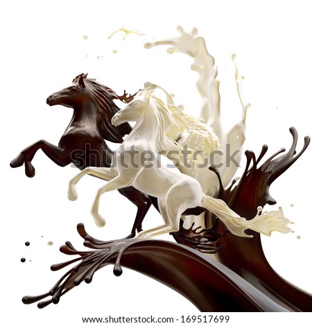 Food design element isolated on white background. Liquid horses made of brown glossy caramel coffee and fat milk running making splashes with drops.