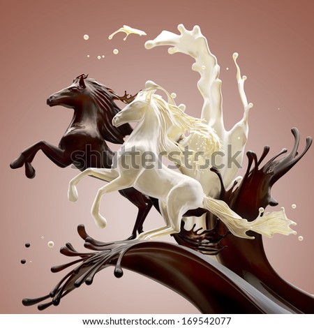 Food design element on brownish background. Liquid horses made of brown glossy caramele coffee and fat milk running making splashes with drops.