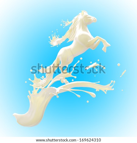Food design element on blue background. Liquid horse made of fat glossy milk running making splashes.