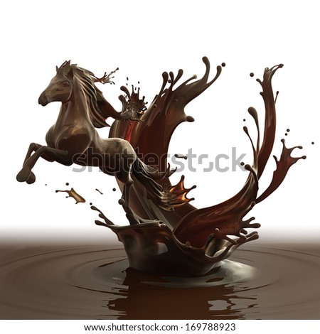 Sweet food design element template isolated on white background. Liquid hot chocolate horse made of brown glossy coffee running with splashes.