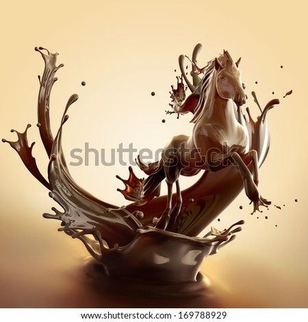 Sweet Food Design Element Template. Liquid Hot Chocolate Horse Made Of Brown Glossy Coffee Running With Splashes.