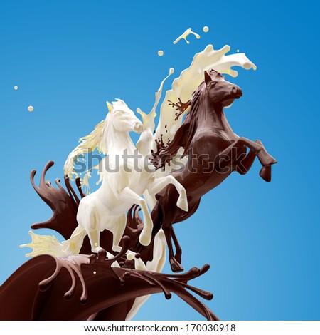 Food dessert design element on blue background. Liquid horses made of brown glossy caramel coffee and fat milk running making splashes with drops.