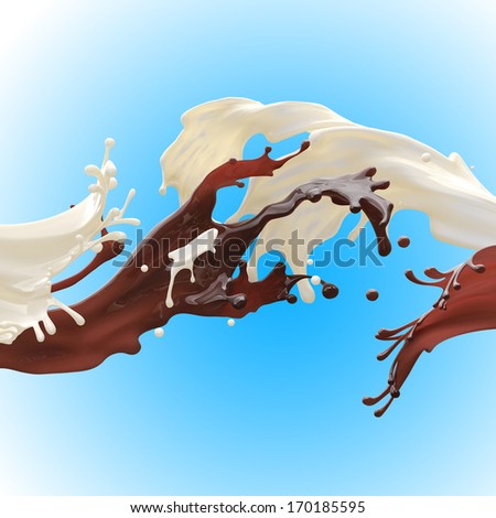 Design food element on blue background. Glossy brown caramel coffee chocolate and white fat cream milk splashes moving to each other